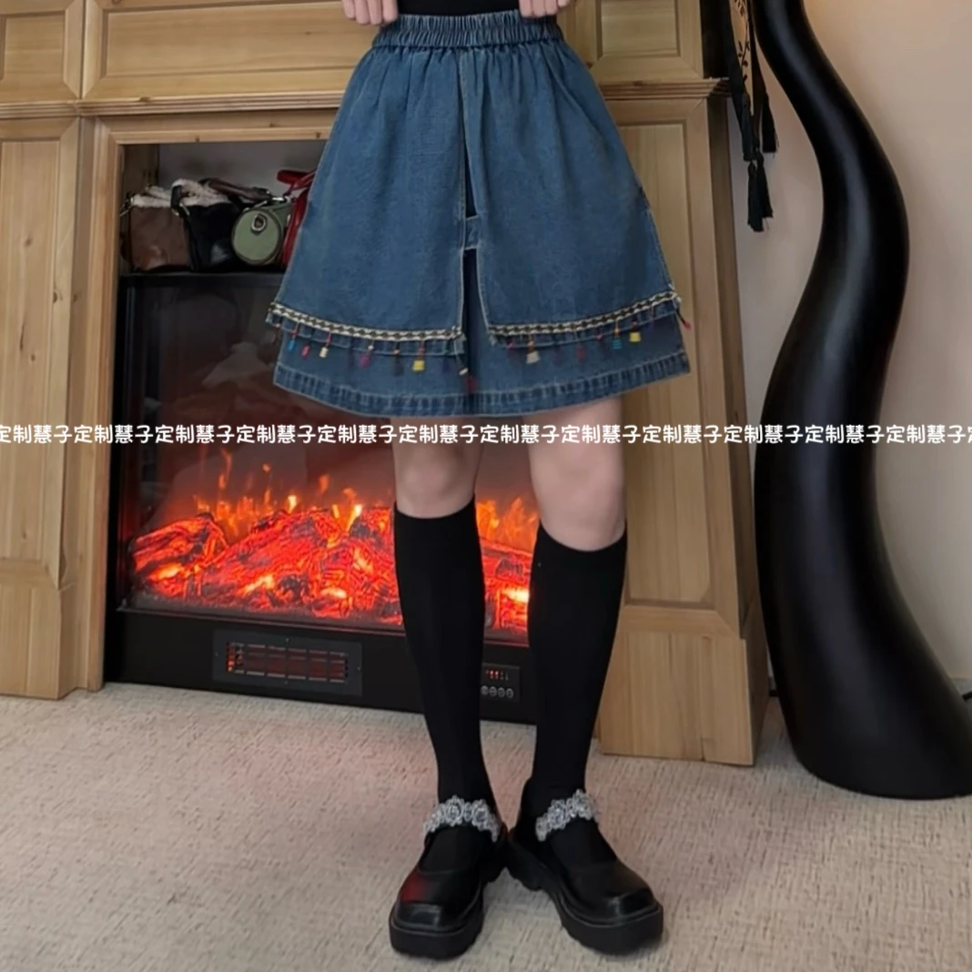 HZ“夏讯”新款牛仔民族风复古高腰松紧腰头双层阔腿裤牛仔裤