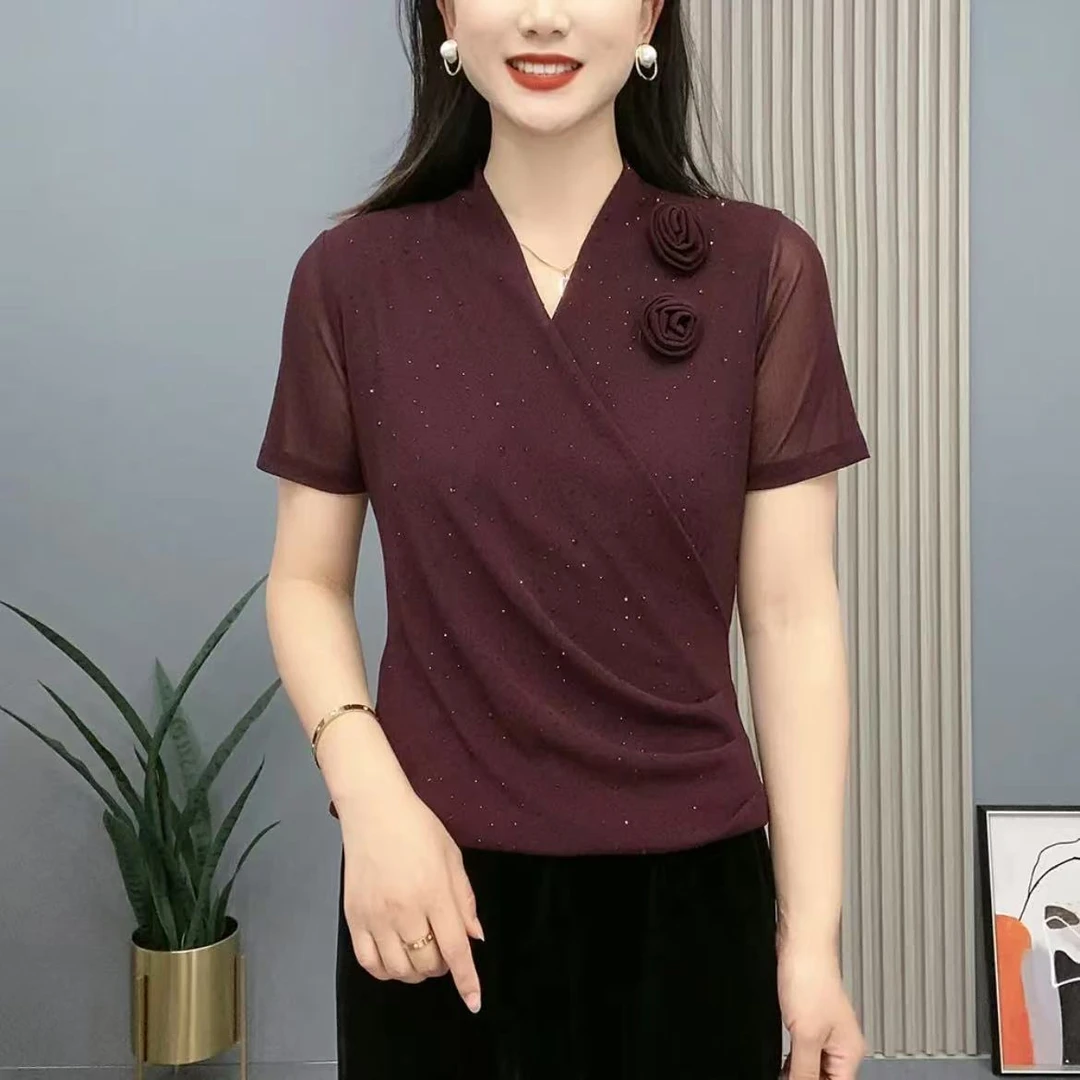 夏季新款交叉领烫钻两朵花气质百搭妈妈装纯色洋气短袖小衫T恤