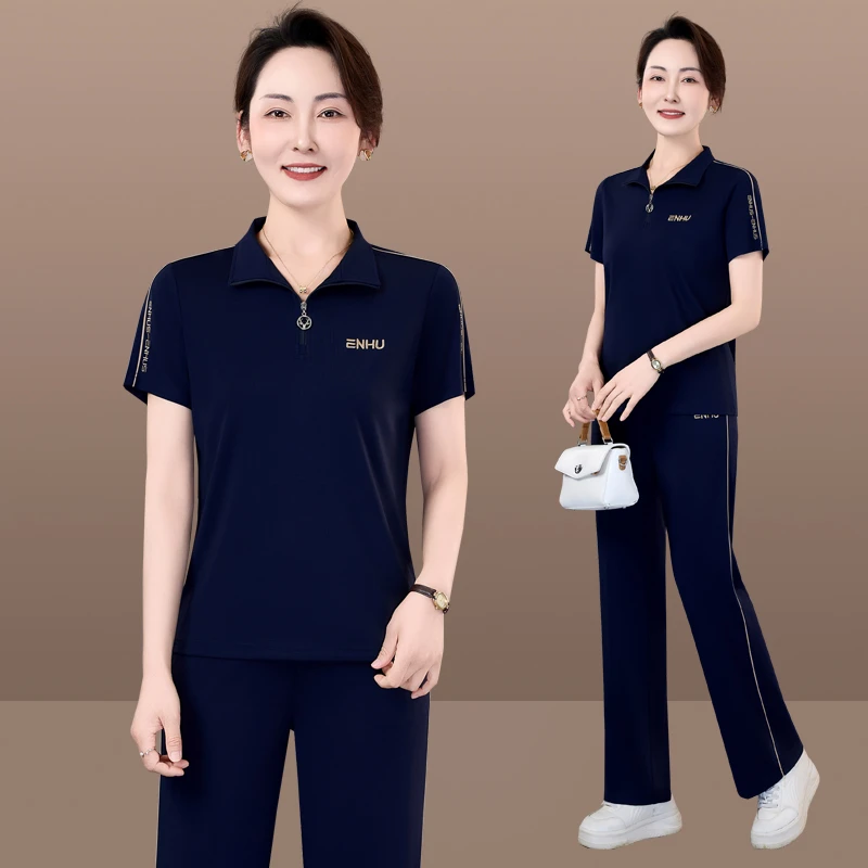 恩狐品牌夏季短袖休闲运动套装中老年妈妈装遮肉显瘦两件套