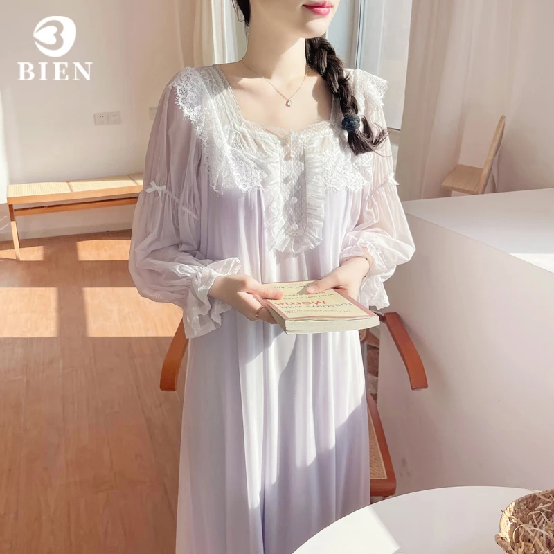 BIEN带胸垫宫廷风睡裙女春秋季甜美公主可爱家居服法式新款莫代尔