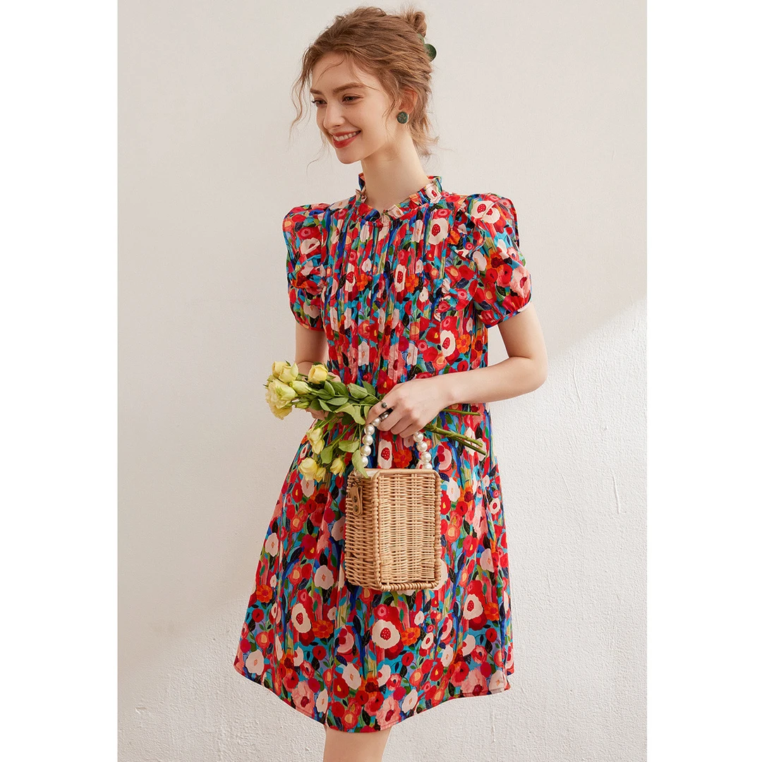 【小铃铛】白鹿语时尚休闲碎花立领显瘦百搭女装连衣裙HU20230