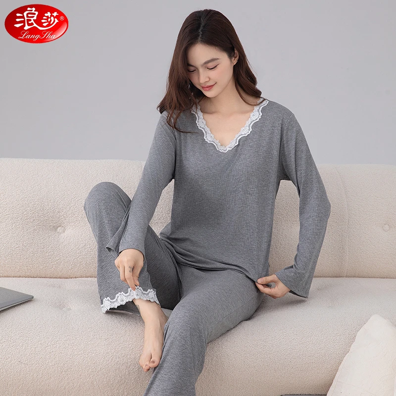 浪莎带胸垫睡衣女春秋季莫代尔长袖假俩件高级感可外穿家居服套装