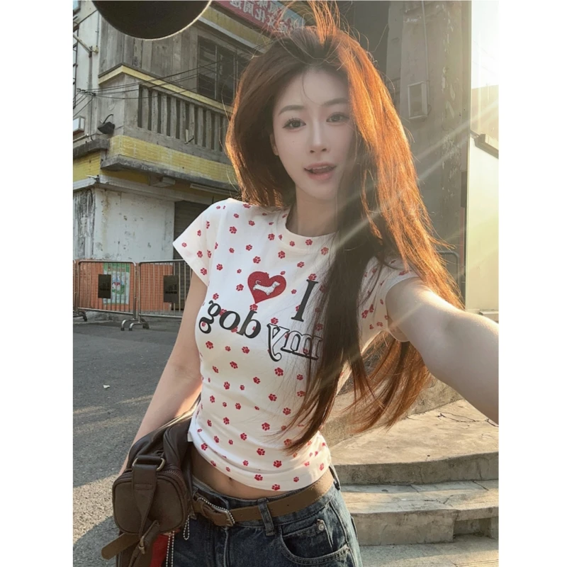 美式复古爱心狗爪满印圆领T恤女夏季辣妹修身烫钻显瘦短款上衣潮
