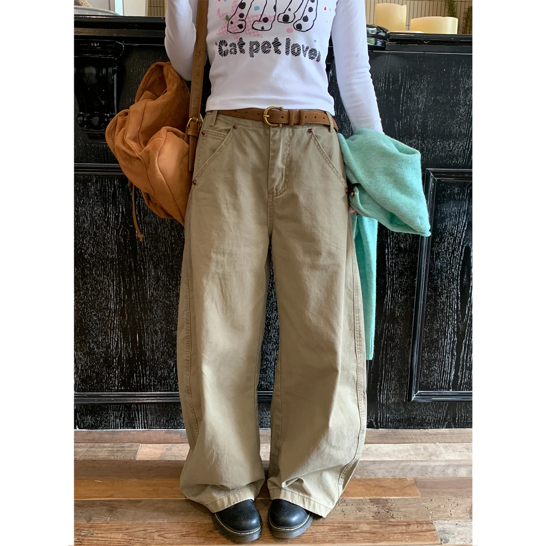NIDEBLACK韩系少女秋季复古卡其洗水牛仔裤设计弯刀裤直筒休闲裤