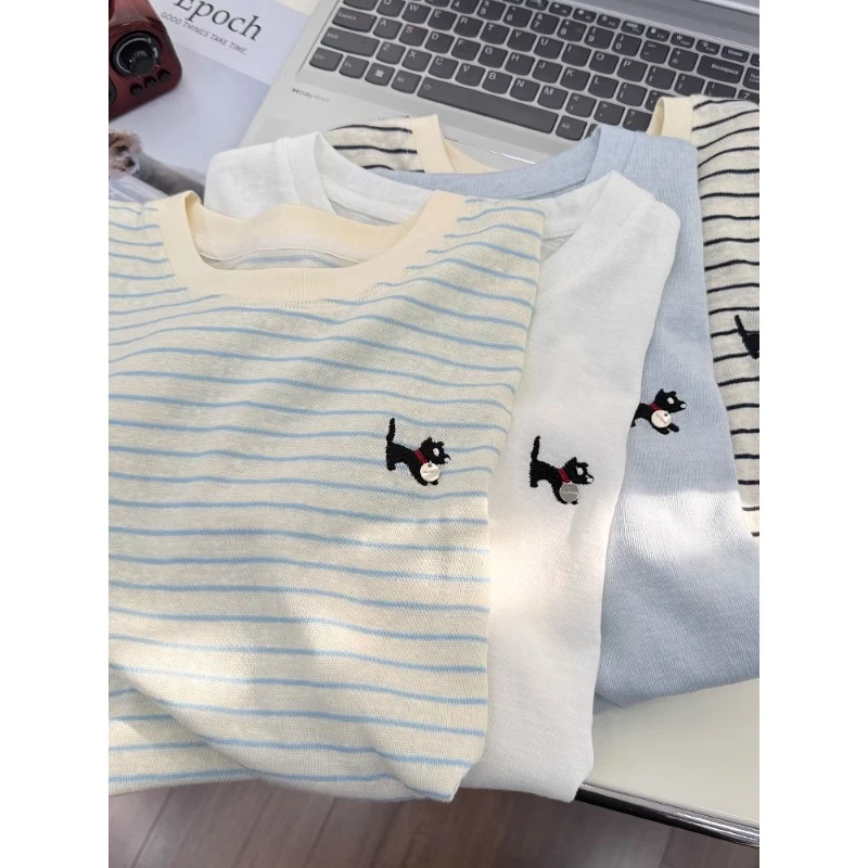 大码240斤竹节棉条纹短袖t恤女慵懒风宽松胖MM显瘦刺绣圆领上衣夏