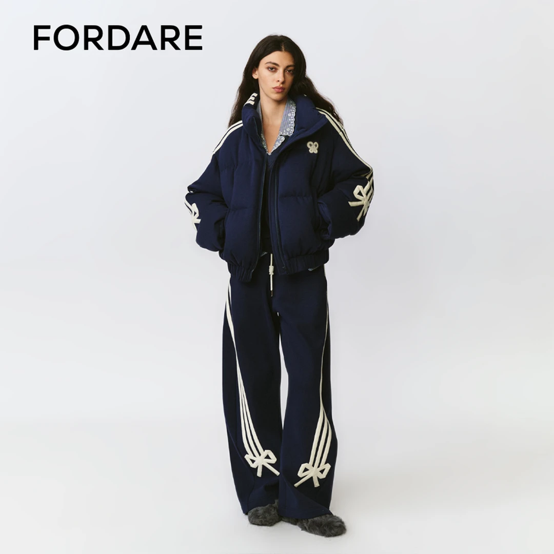 FORDARE/福蝶 25秋冬新品 藏青色蝴蝶结贴条羽绒服长裤1101 1110