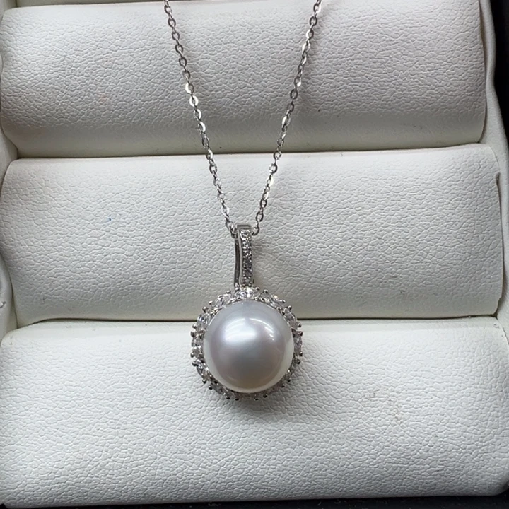 银S925镶嵌澳白吊坠项链10+mm海水珍珠
