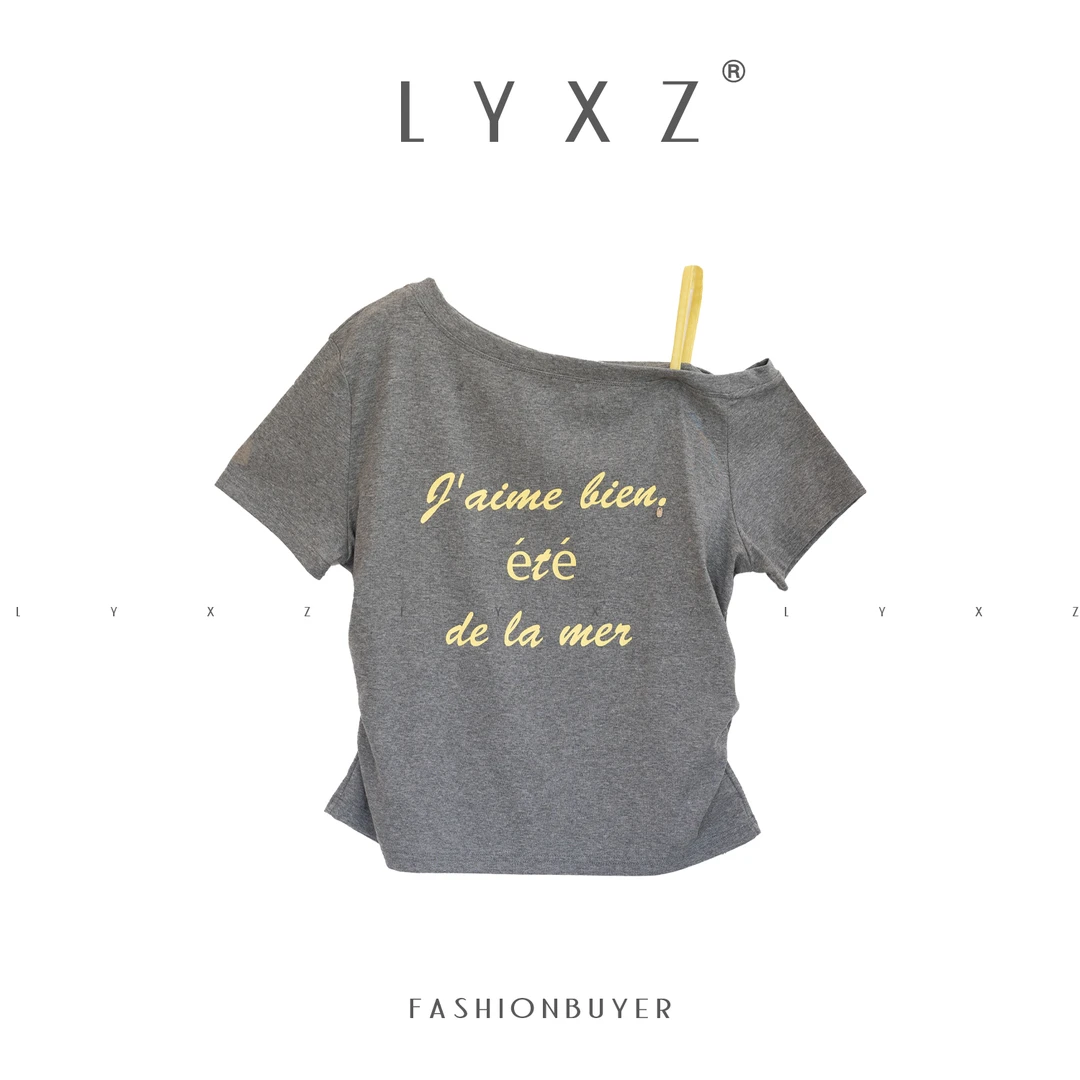 LYXZ夏季新品单边斜边拉肩字母印花短袖T恤78827