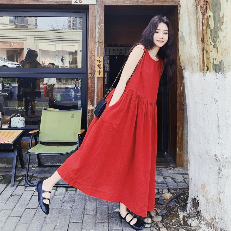 红色无袖连衣裙女夏季新款2025韩系设计感小个子高腰显瘦A字长裙