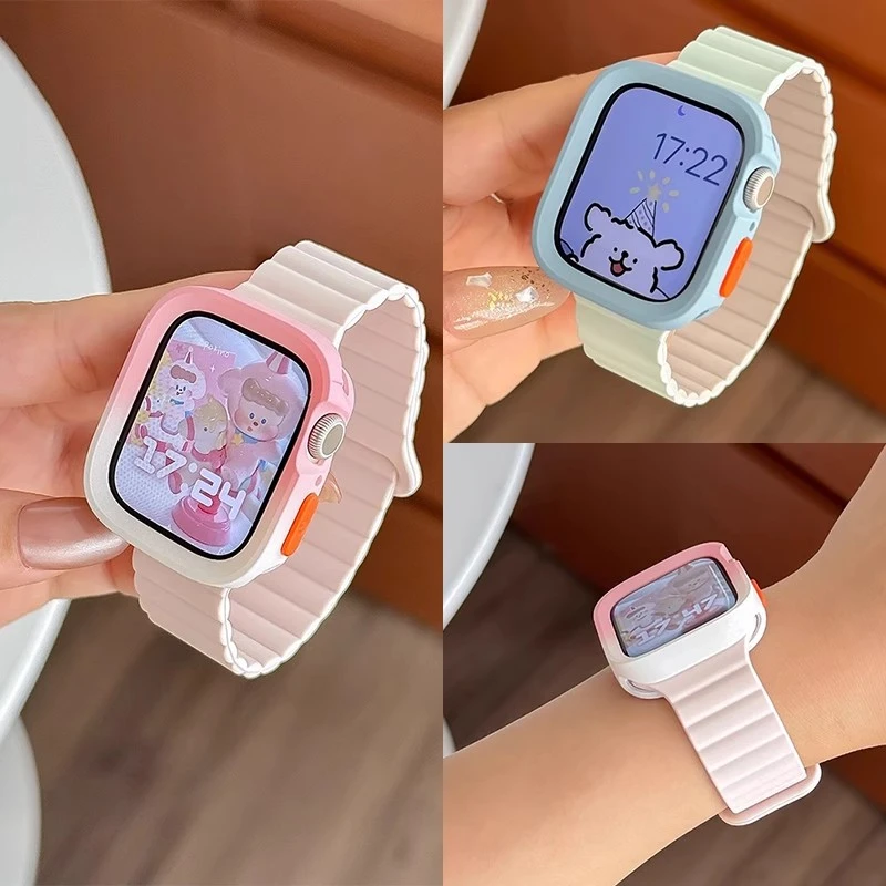 适用苹果手表S10表带S8保护壳撞色iwatchS9硅胶磁吸utral高级感SE