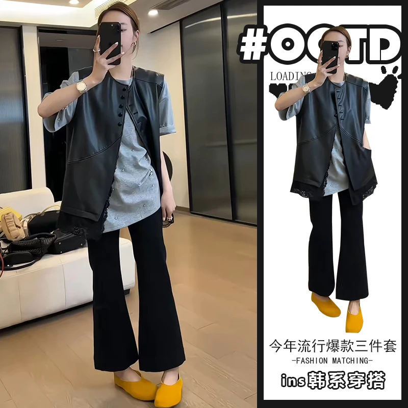 2025夏季时髦精气质马甲韩版宽松上衣黑色休闲裤御姐轻熟风套装女