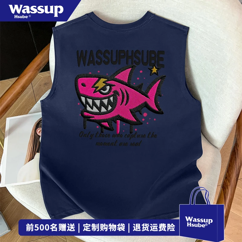 WASSUP HSUBE鲨鱼印花运动无袖T恤男美式时尚潮牌设计感坎肩背心