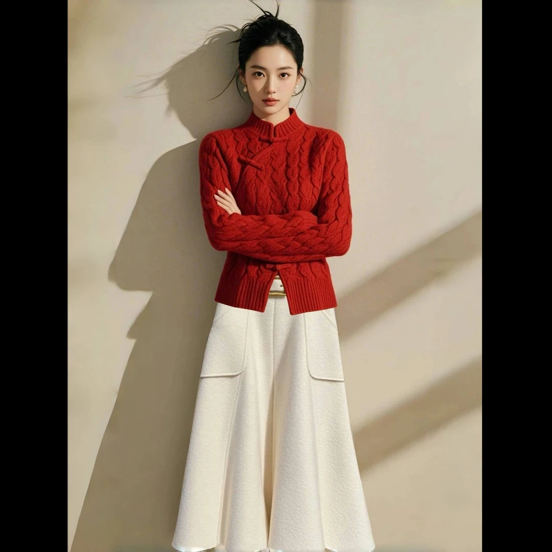 2024新中式国风复古高级感红色针织毛衣气质a字加厚半身长裙套装