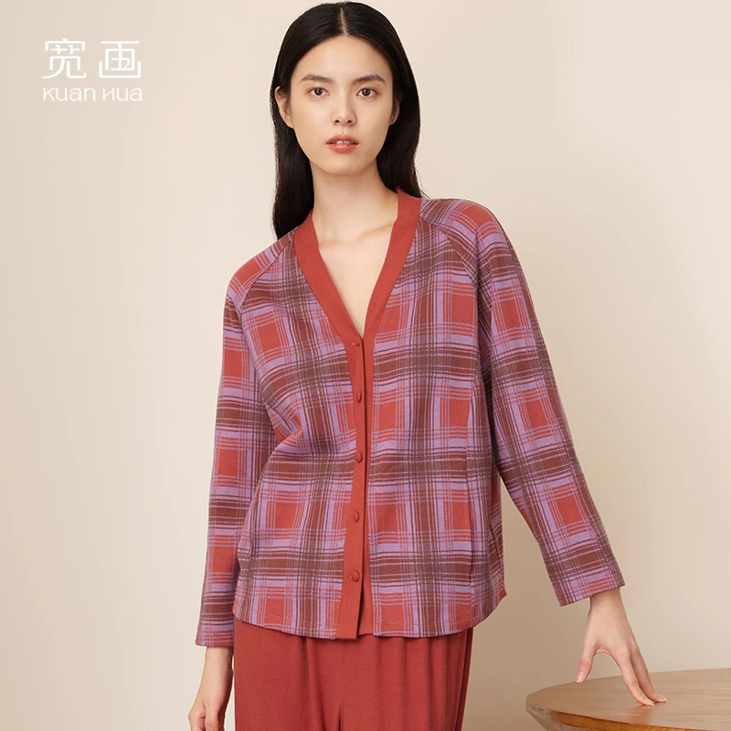 宽画秋冬新款宽松格纹V领休闲睡衣长裤家居服套装女-KH96780