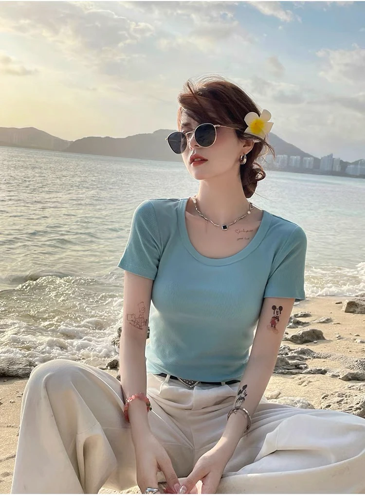 樊范儿2025年夏季新款时尚百搭圆领纯色短袖女T恤-25079