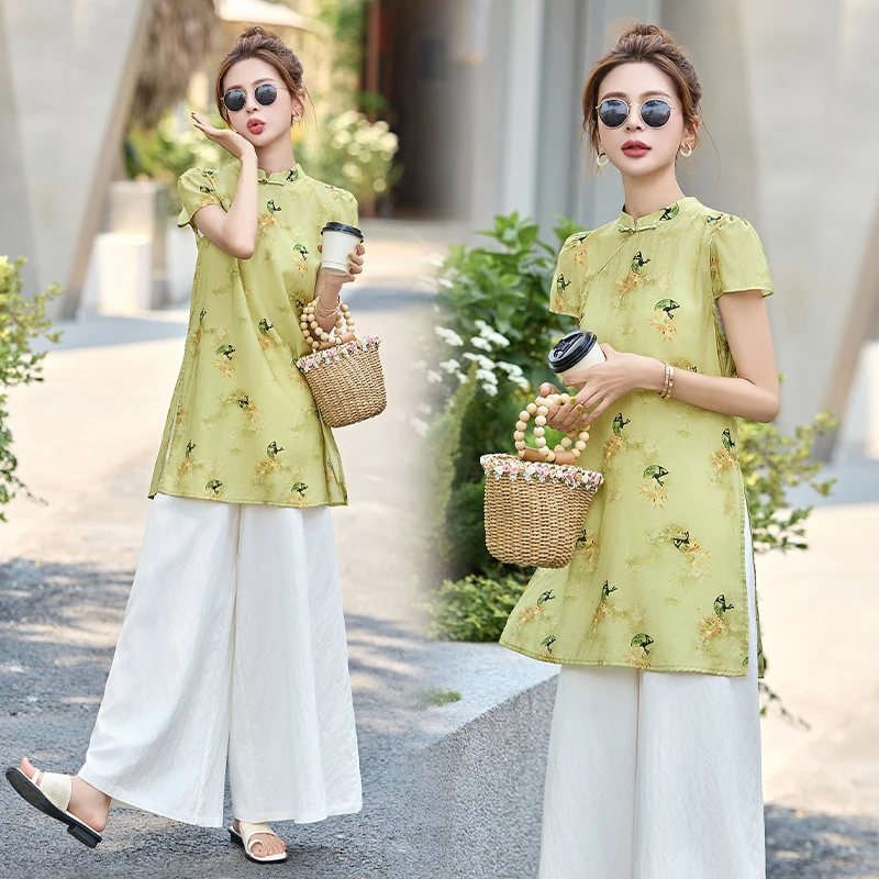 新中式国风套装女2025夏季新款气质显瘦复古盘扣上衣阔腿裤两件套