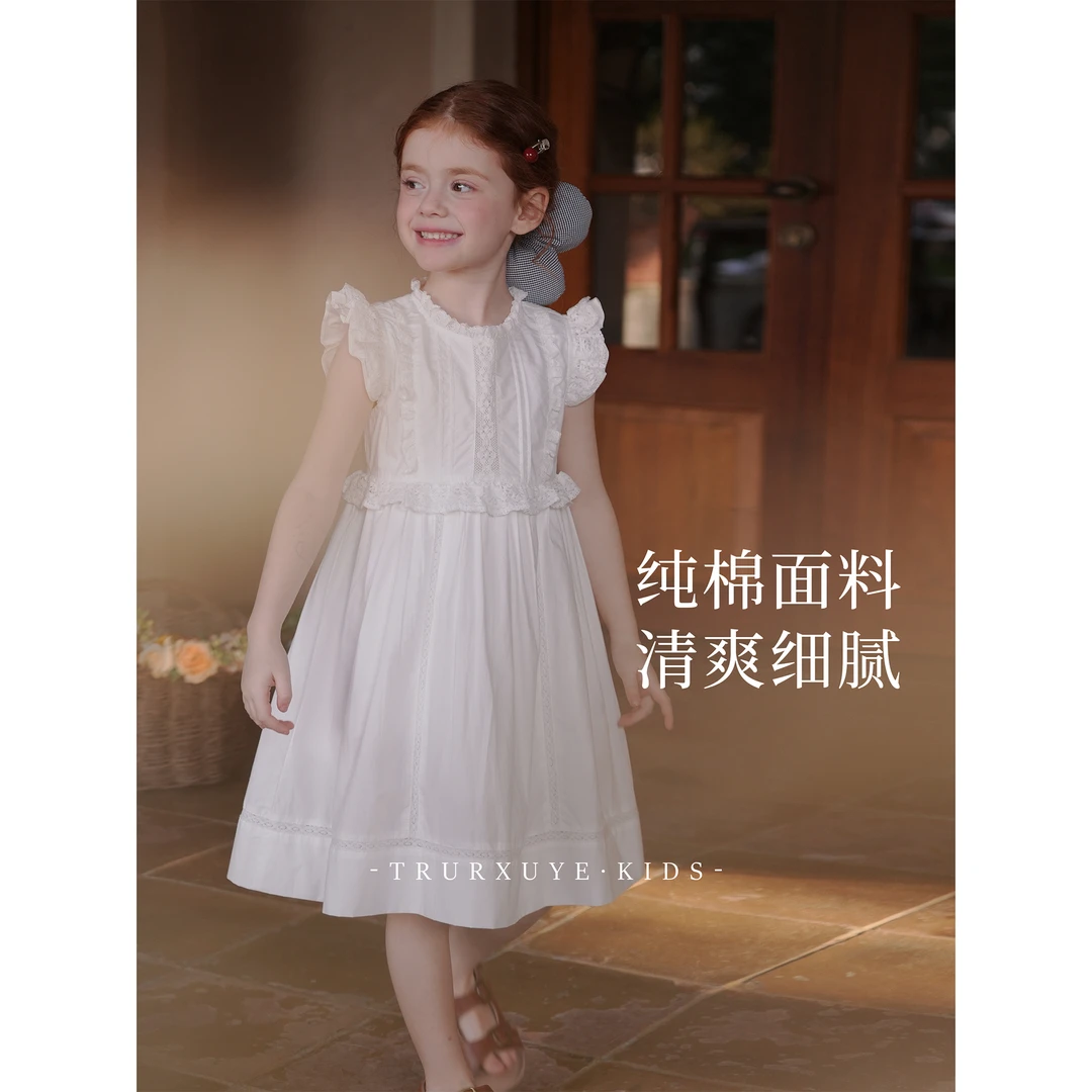 初煦复古法式！女童纯棉飞袖连衣裙宝宝夏季气质儿童小白裙