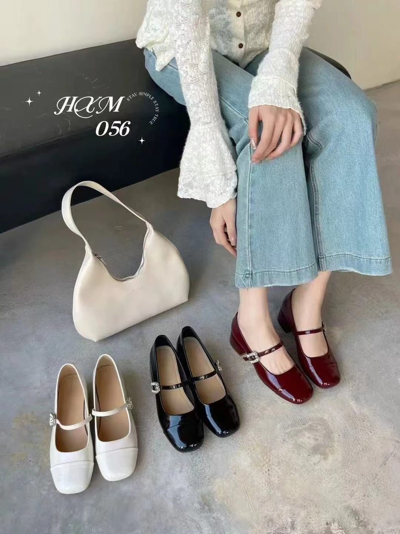 学院风渔夫单鞋百搭纯色气质浅口方头高跟单鞋粗跟豆豆鞋皮鞋平底
