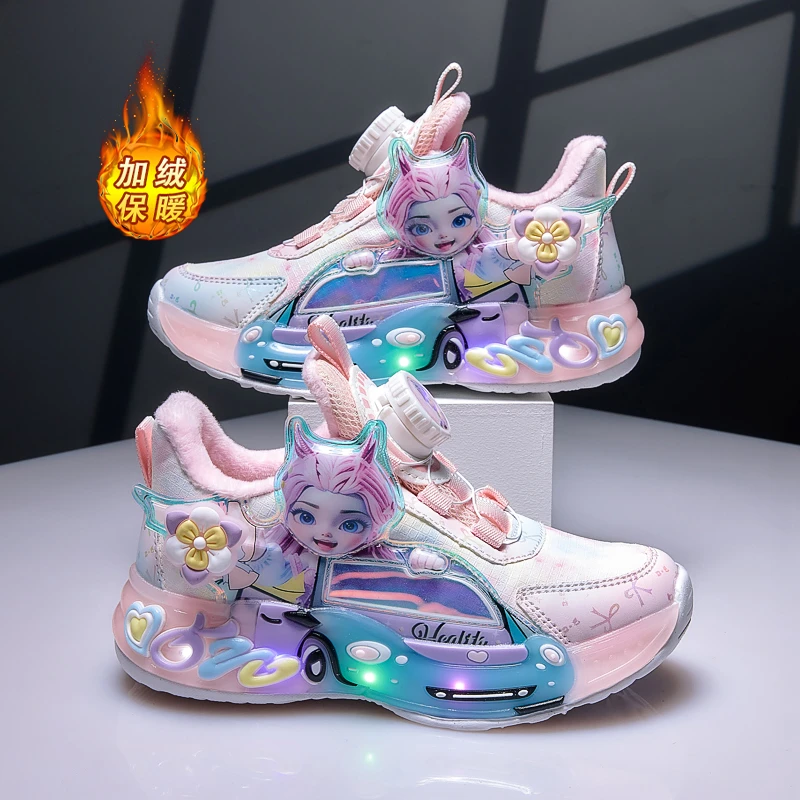 旋转纽扣儿童运动发光鞋2025冬季新款加绒女童学生鞋女孩灯鞋棉鞋