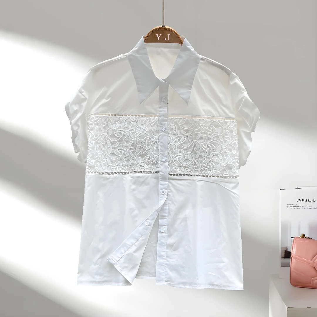 韩版时尚蕾丝拼接灯笼袖衬衫休闲单排扣百搭温柔风上衣洋气衣服女