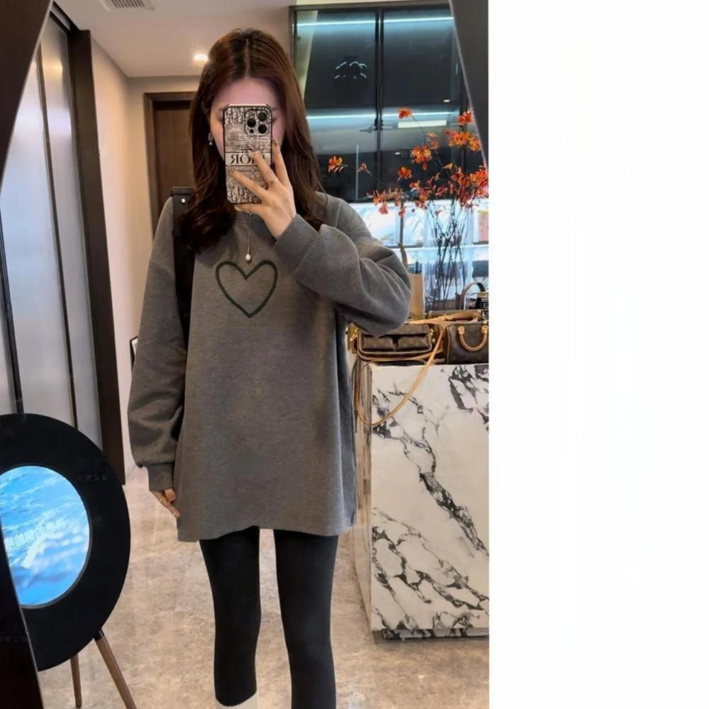 欧货爱心刺绣加绒加厚圆领长袖T恤女秋冬小个子宽松内搭中长款T恤