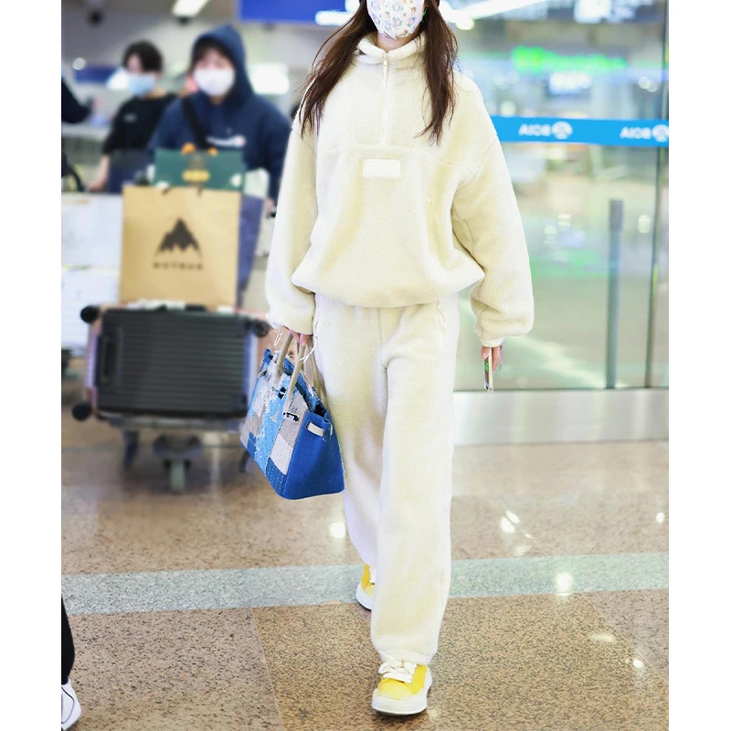 加绒加厚白色运动服毛绒卫衣卫裤两件套装女2024秋冬季新款休闲风