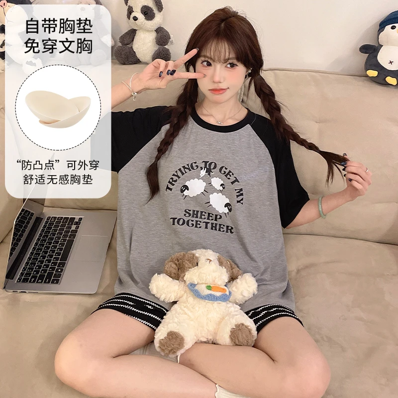 睡衣女夏季天带胸垫一体冰丝短袖短裤新款可外穿莫代尔家居服套装