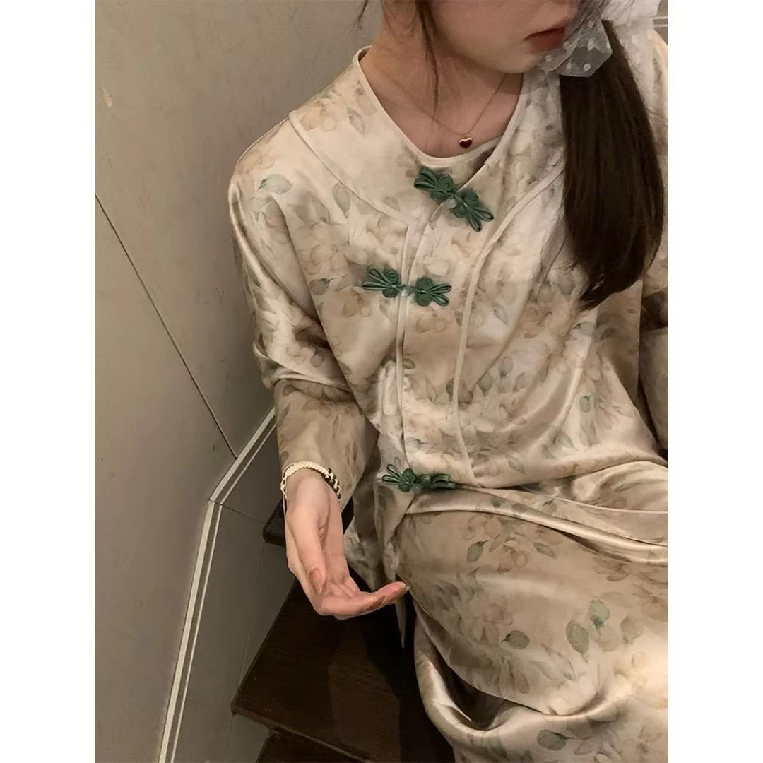 【反季现货-NAZ微胖高端定制】新中式国风盘扣宽松提花缎面套装