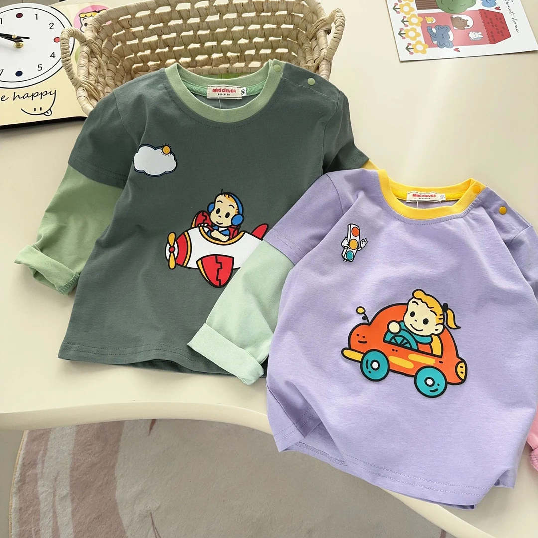 现货发日系原田25春季新款男女童宝宝假两件卡通上衣长袖T恤7008