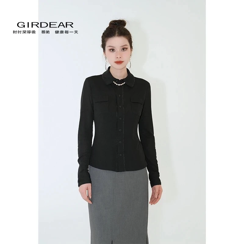 GIRDEAR/哥弟秋季新款气质百搭翻领修身黑色法式长袖衬衫130116