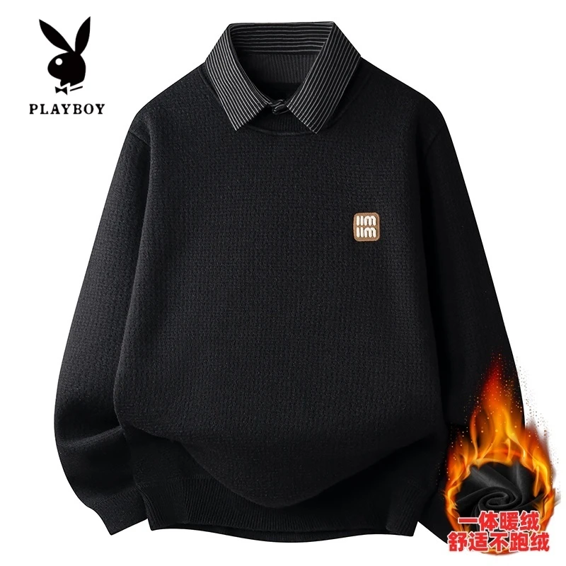 花花公子假两件毛衣男士秋冬新款加绒加厚针织衫衬衫领打底羊毛衫