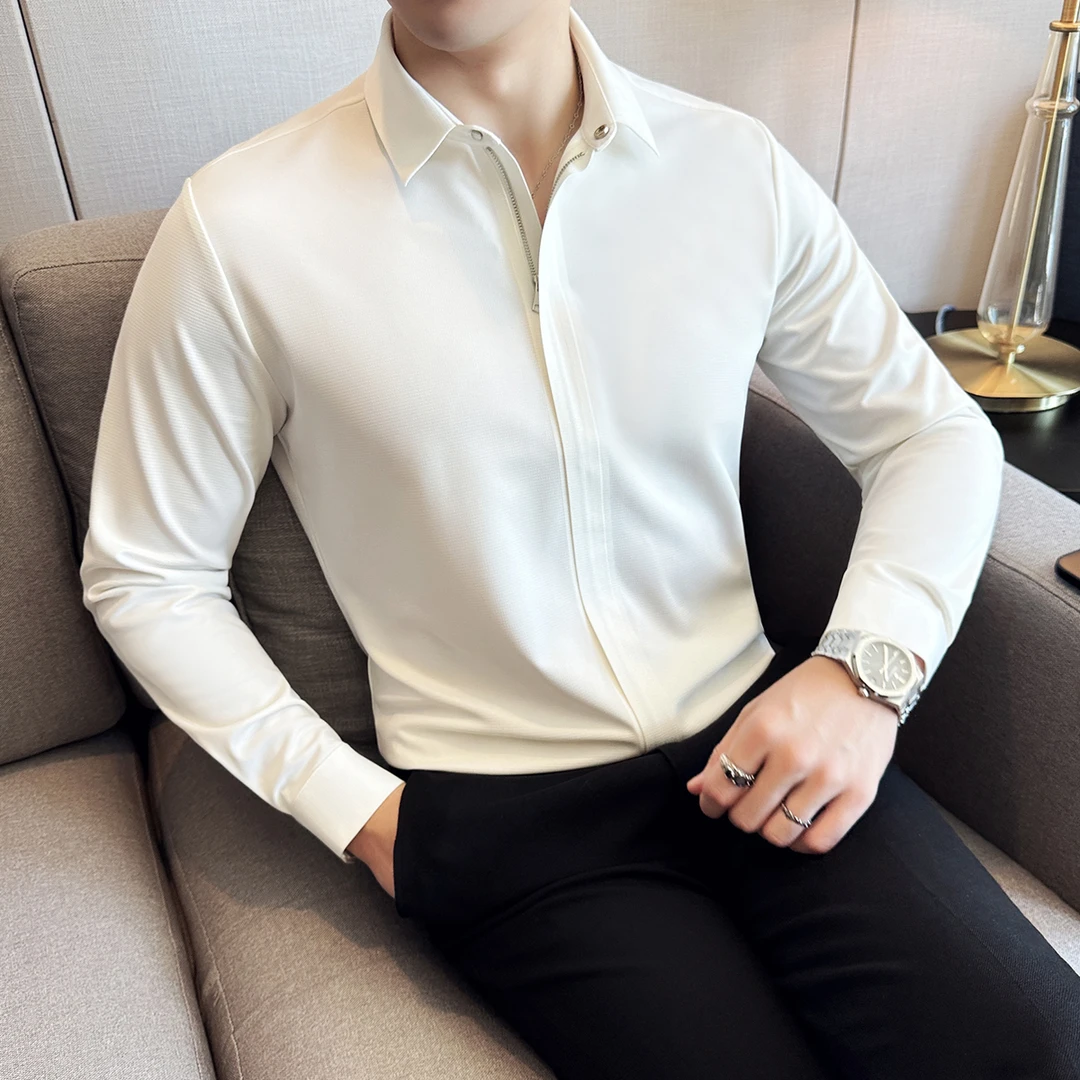 吉伦略索暗门襟拉链衬衫男长袖春秋无痕弹力修身潮流商务休闲衬衣