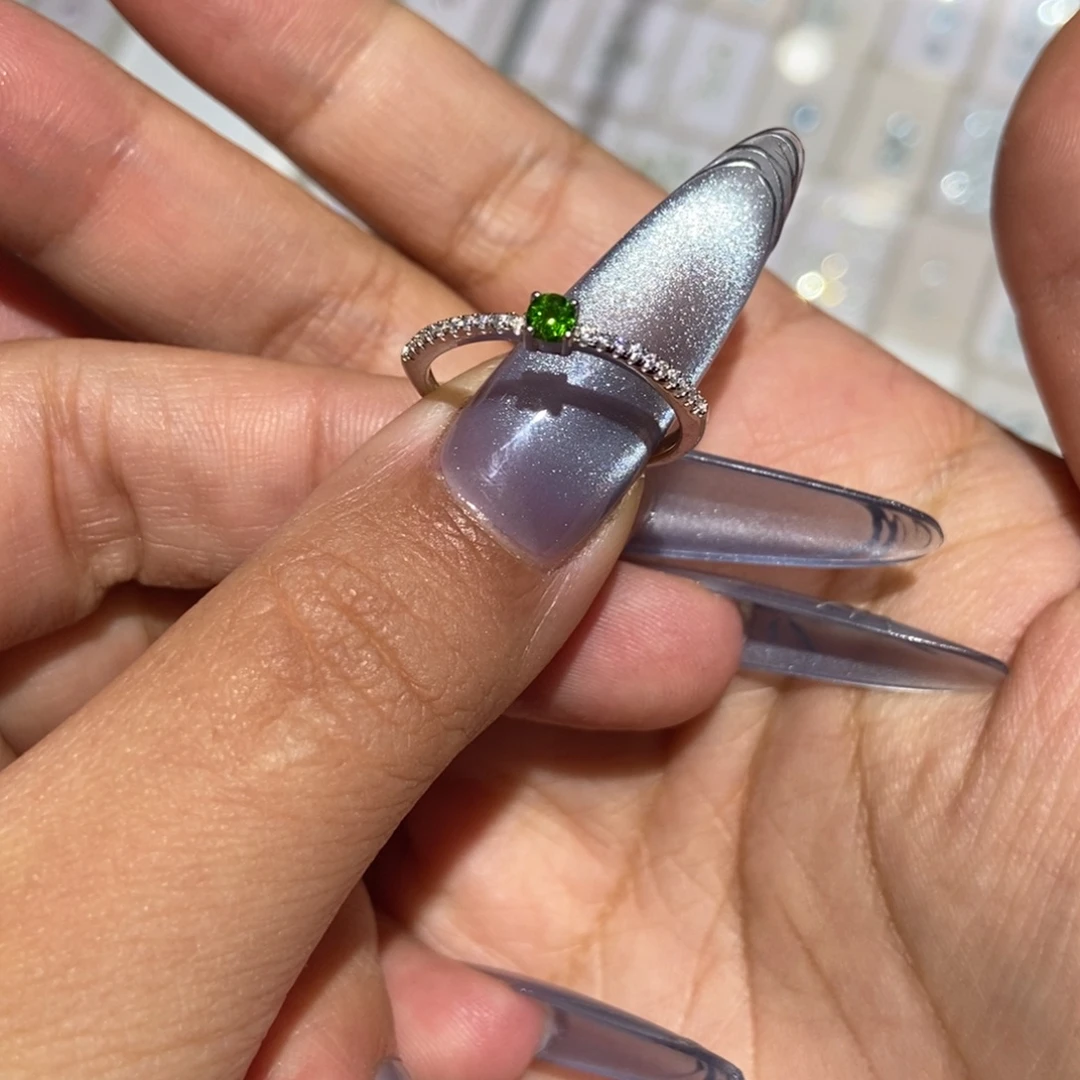 透辉石银S925镶嵌开口戒指