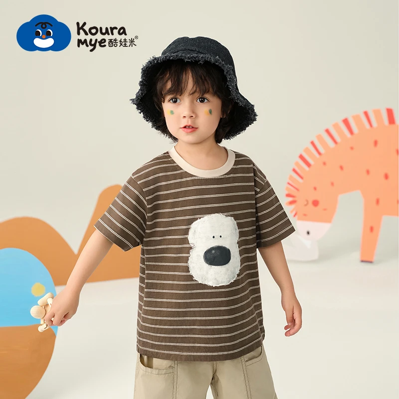 酷娃米夏款中小童宝宝咖色条纹卡通印花套装50100