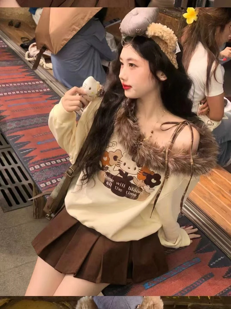 冬季新款设计感毛领设计加厚上衣可爱kitty猫露肩洋气套装8962