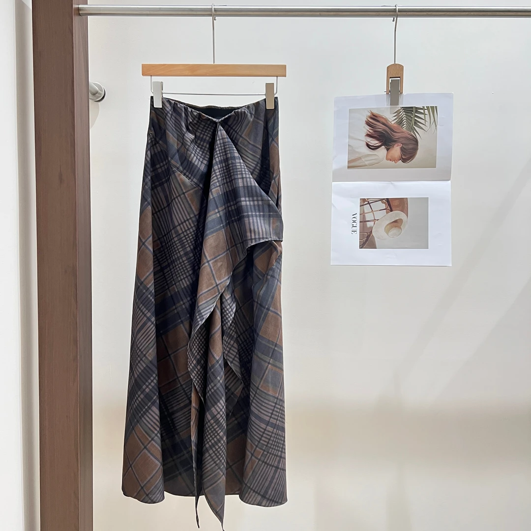 ZZ常规半身裙轻职风松紧带成人格子短裙高腰中腰休闲风X030