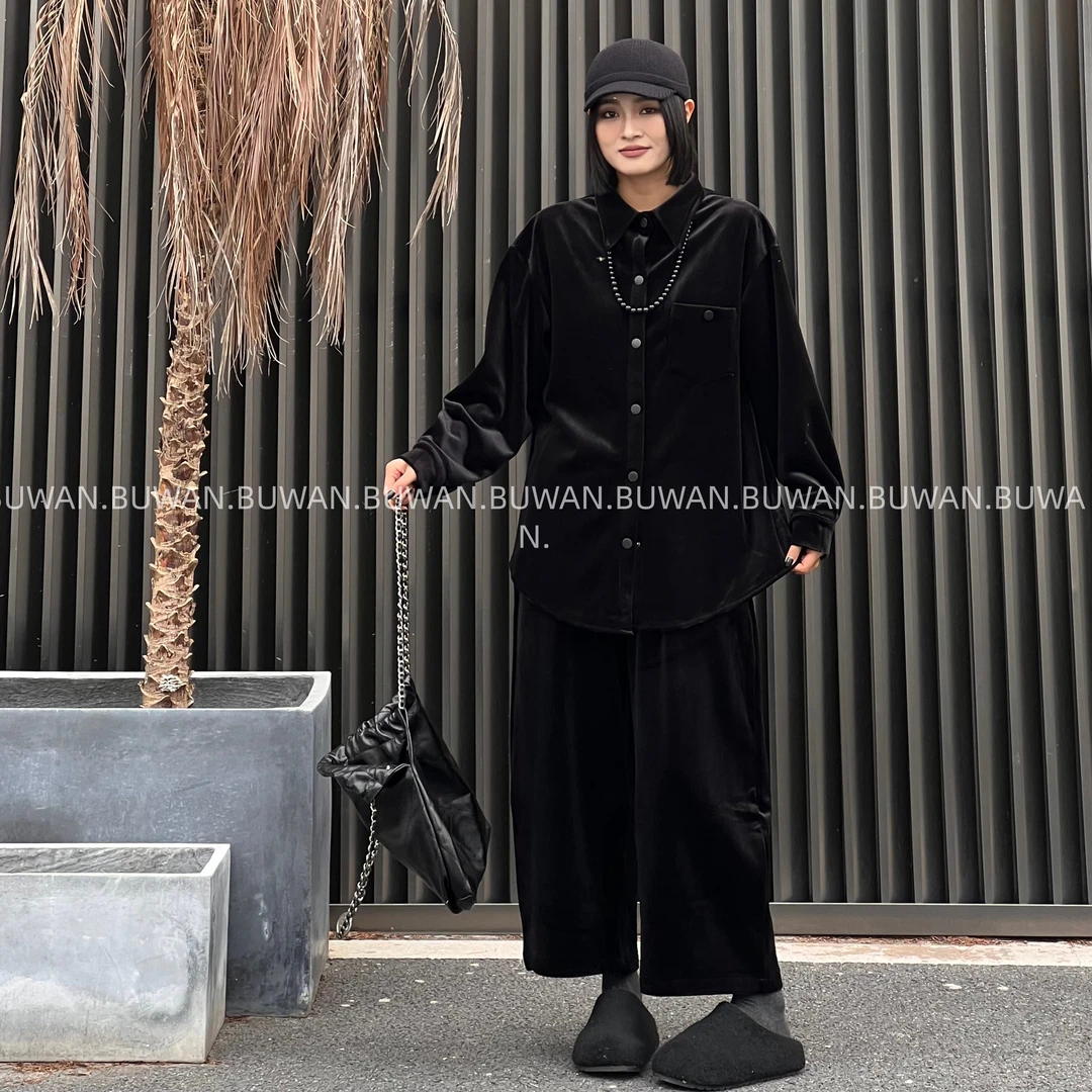 BUWAN【坦白】气质慵懒加密加厚质感丝绒衬衫+丝绒九分裤套装5025