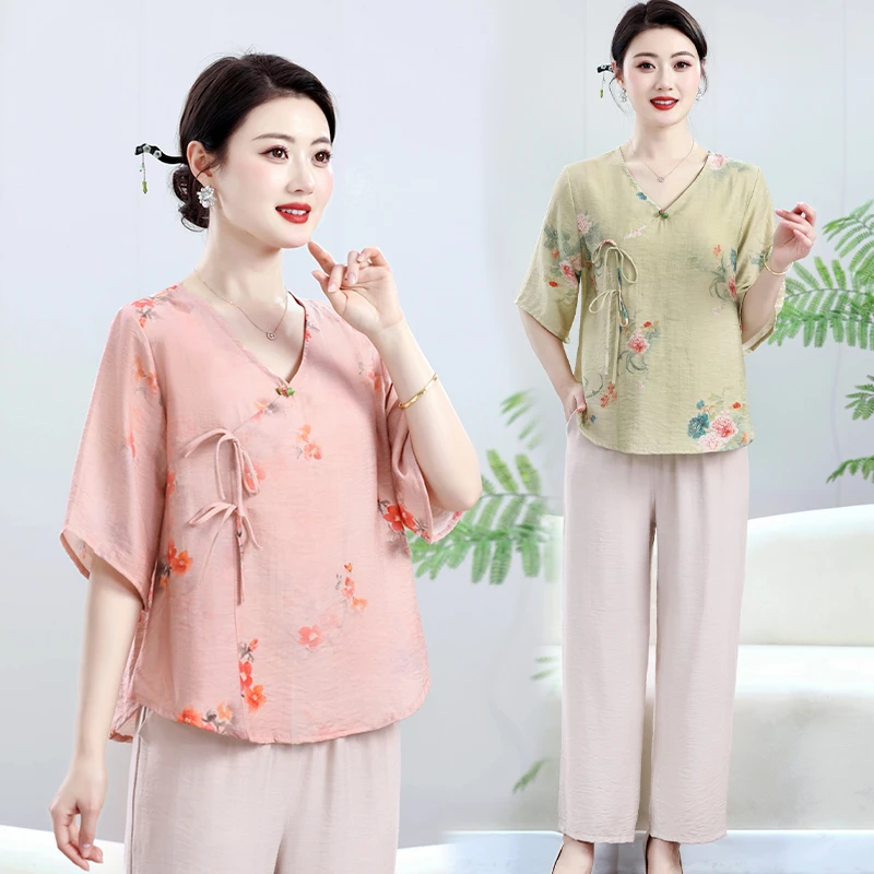 妈妈装时尚洋气复古国风上衣母亲节中袖T恤衫女士宽松气质小衫女