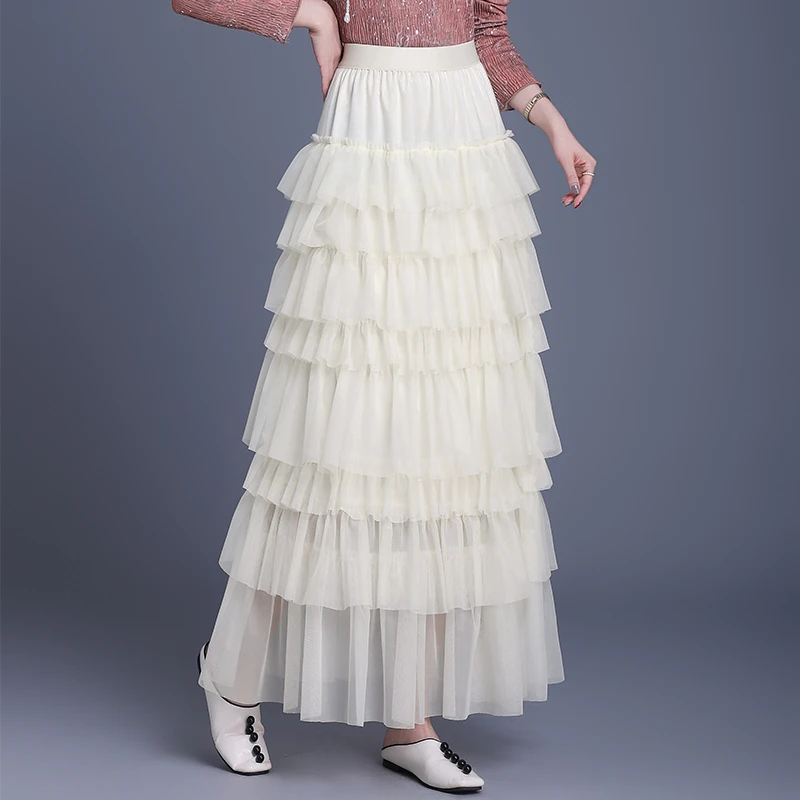 蛋糕裙网纱半身裙中长款春秋A字裙显瘦春季大摆裙1C春夏长裙2521