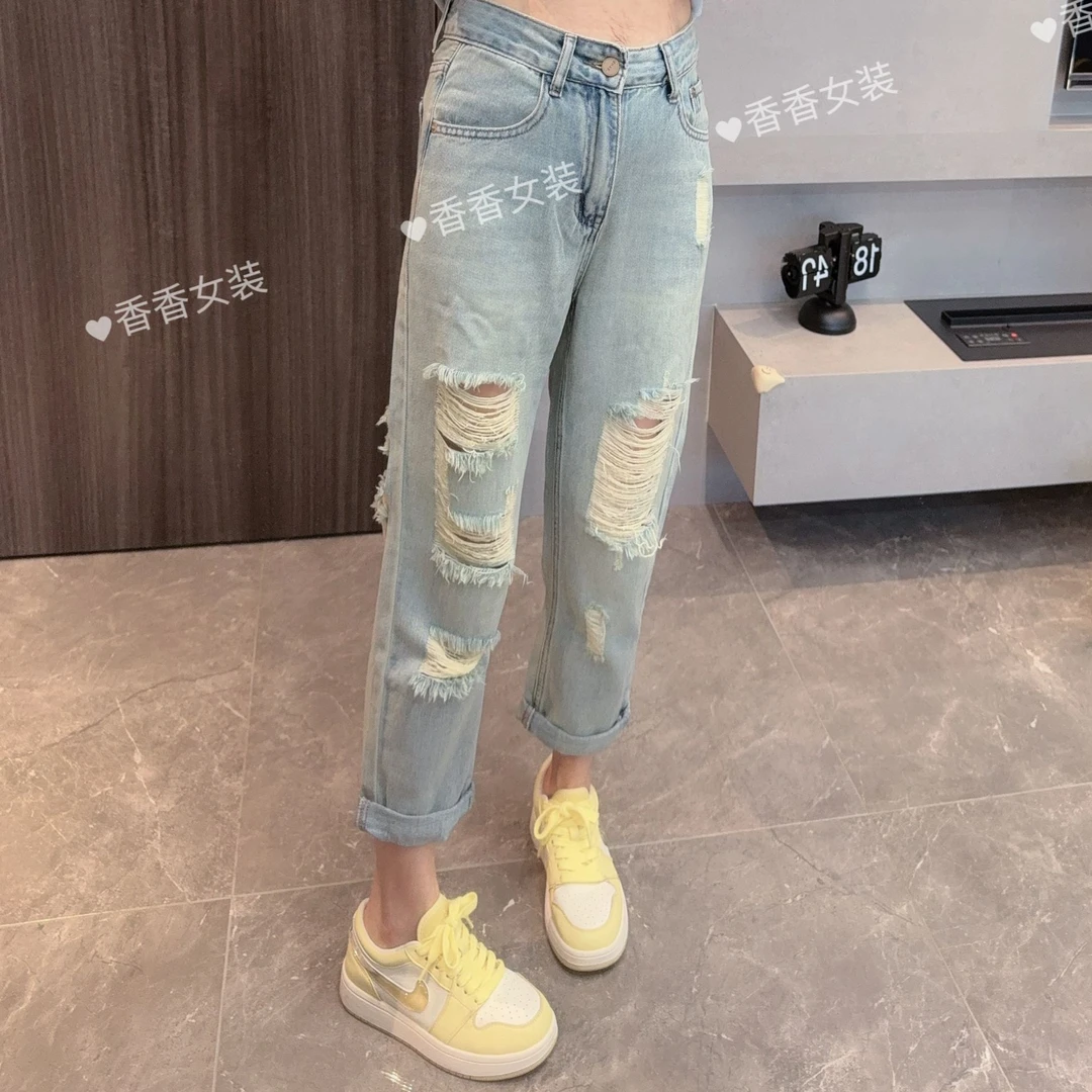 晨小胖   【破界风暴】夏季新款小个子显瘦破洞小板型老爹裤牛仔裤
