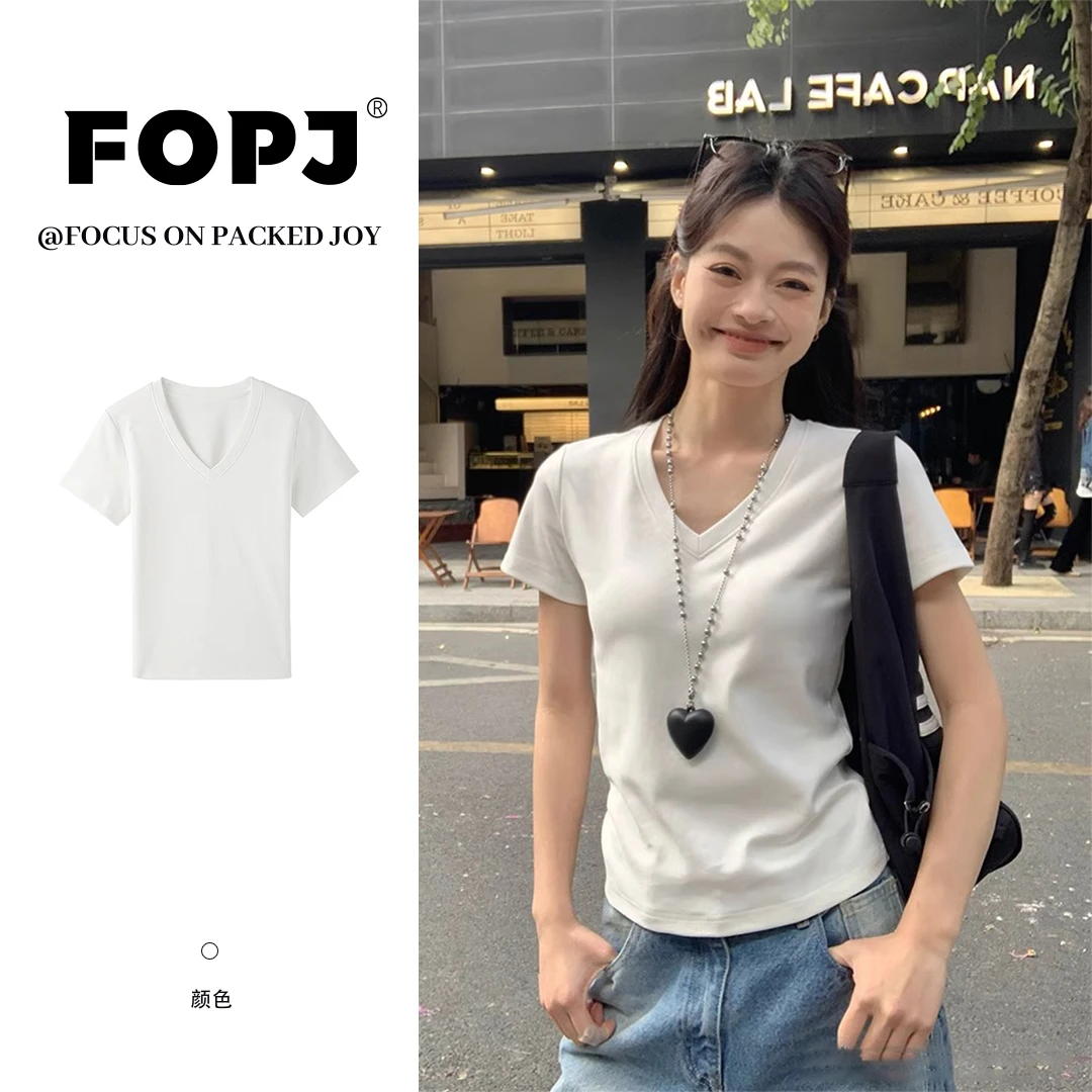 FOPJ短袖T恤女正肩白色夏季V领韩版简约时尚上衣显瘦气质高级感