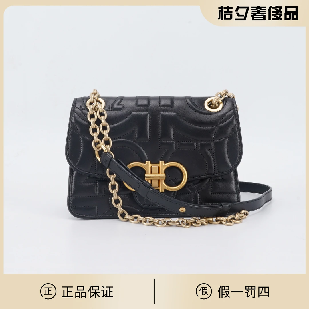 95新 FERRAGAMO/菲拉格慕 【白菜】 黑金 牛皮 斜挎包/BGG101560001