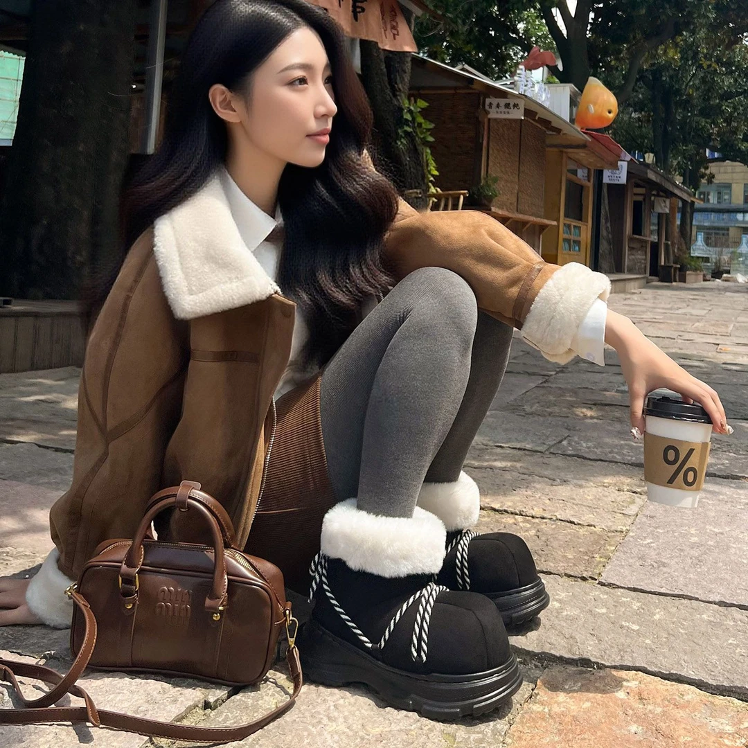 9936冬款新款绑带焦糖暖绒厚底冬靴棉鞋舒适保暖女款外穿潮