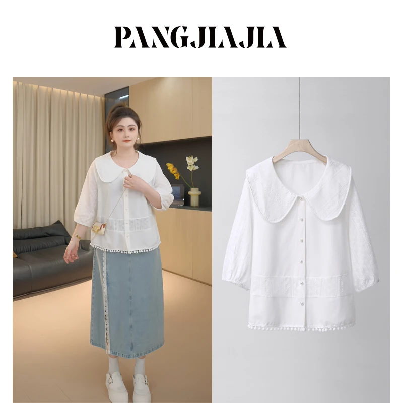 【胖佳佳】现货~柏林之恋 娃娃领刺绣衬衫春夏减龄小衫H625Z03793