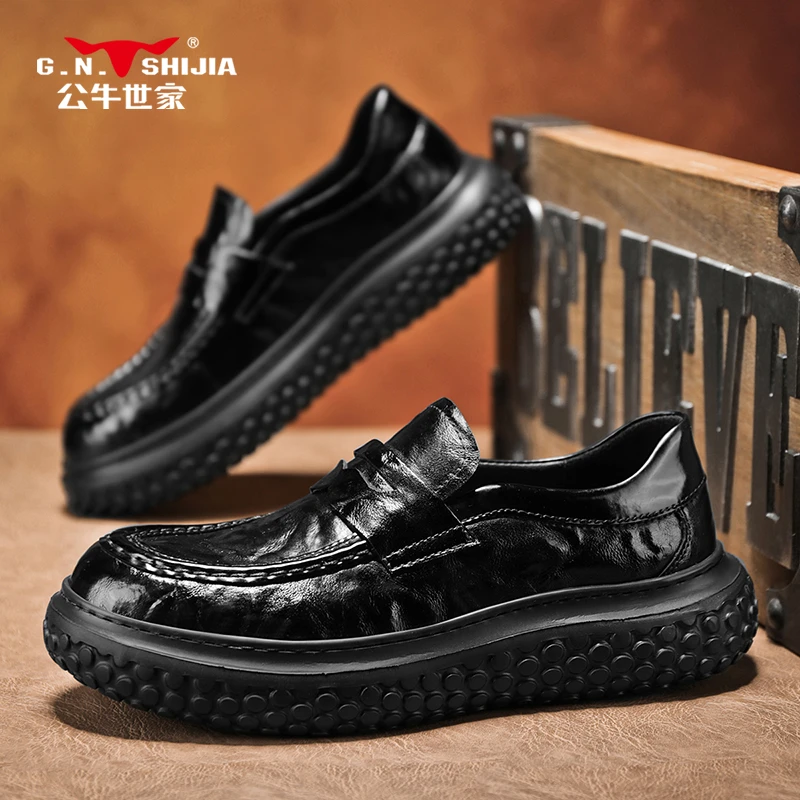 公牛世家秋季男士皮鞋时尚休闲豆豆鞋一脚蹬舒适百搭经典爸爸鞋