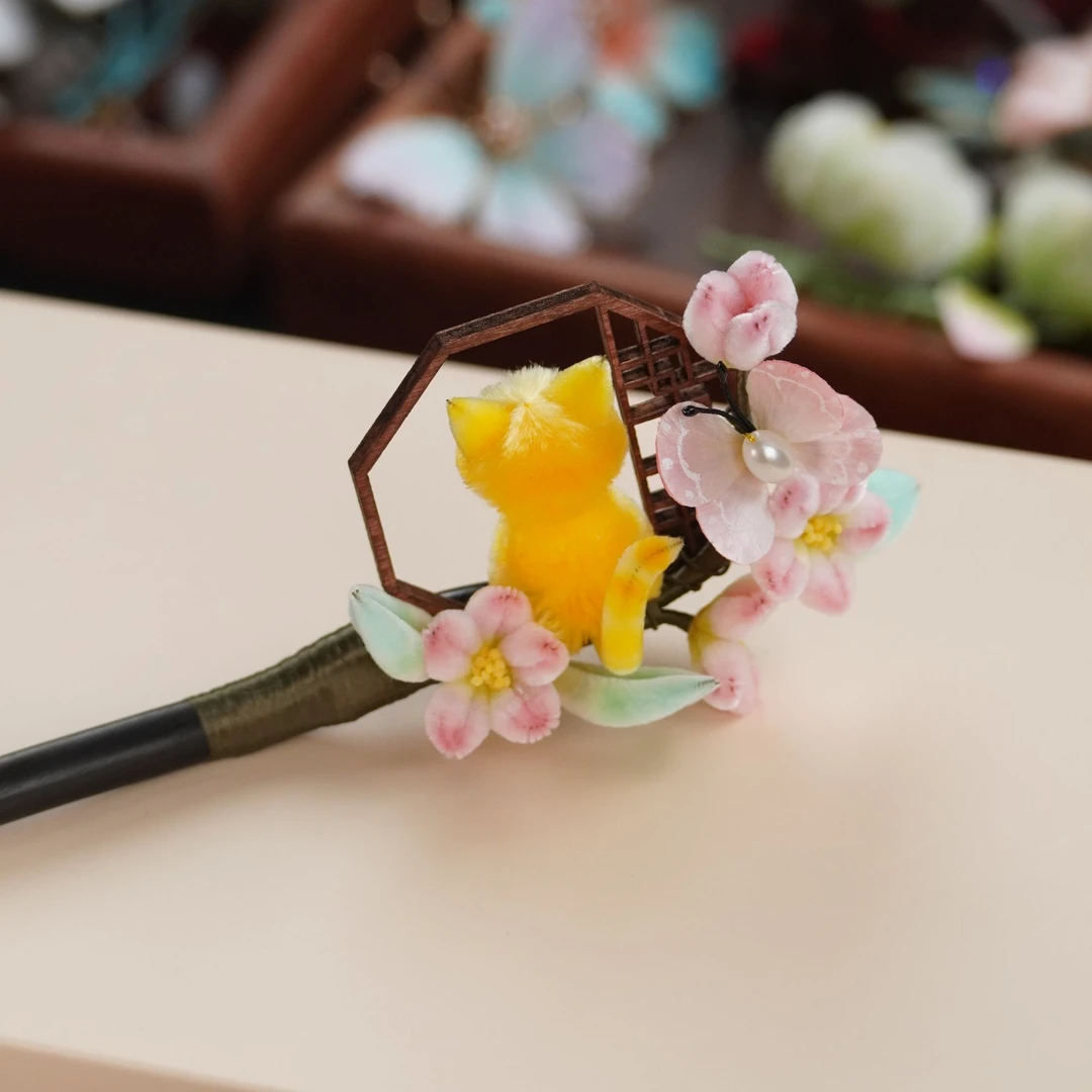 猫猫与粉窗花 非遗绒花发簪南京绒花古风簪子新中式贵气