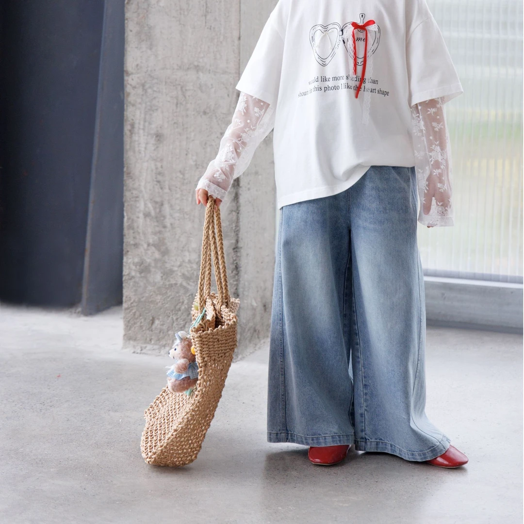 【DYD】2025春季新款儿童复古休闲阔腿裤女童牛仔裤宝宝百搭D2507