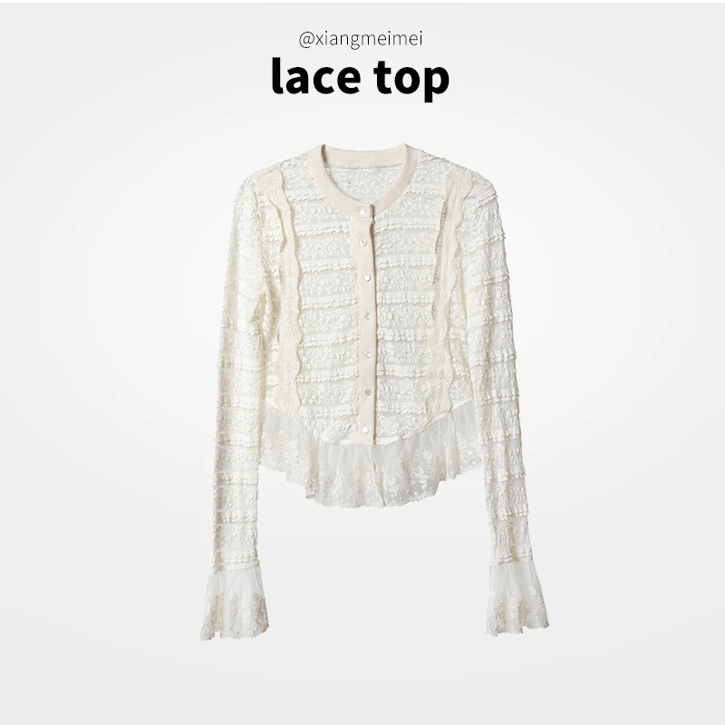 法式镂空花边短款村衫女2025春季新款修身显瘦小个子高级感上衣