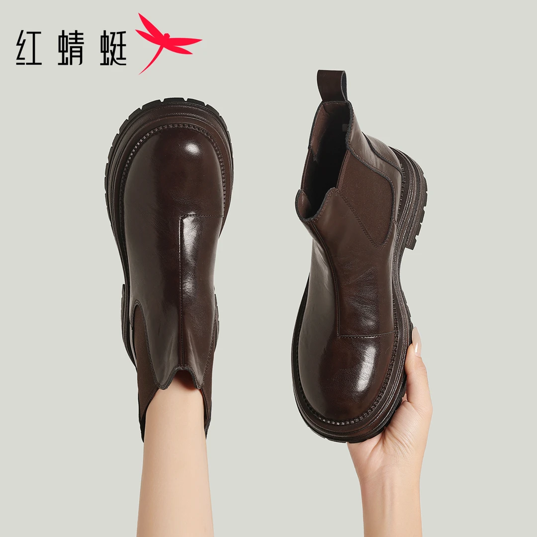 红蜻蜓厚底切尔西短靴女靴2025烟筒靴烟管靴马丁瘦瘦靴子踝靴女鞋
