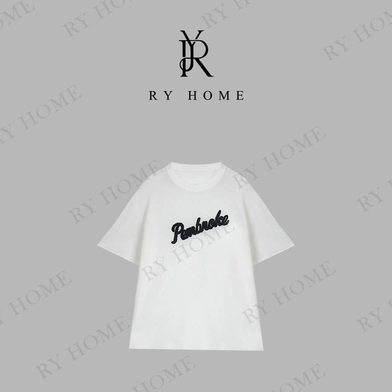 【容雨RYHOME】亚麻字母刺绣圆领短袖T毛织上衣252M2972